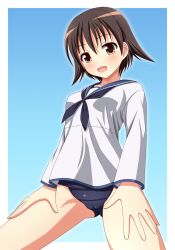 Rule 34 | 1girl, brown hair, ki (kk-sk-ray), md5 mismatch, miyafuji yoshika, old school swimsuit, one-piece swimsuit, school swimsuit, school uniform, serafuku, short hair, solo, strike witches, swimsuit, swimsuit under clothes, world witches series