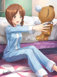 Rule 34 | 10s, 1girl, :d, artist name, bandages, bandaid, bed, bedroom, blue pajamas, boko (girls und panzer), brown eyes, brown hair, buttons, character name, commentary request, dated, english text, girls und panzer, happy birthday, highres, holding, holding stuffed toy, indoors, long sleeves, nishizumi miho, on floor, open mouth, outstretched arms, pajamas, parted bangs, shamakho, short hair, signature, sitting, smile, solo, stuffed animal, stuffed toy, teddy bear