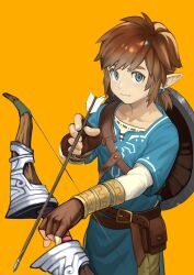Rule 34 | 1boy, absurdres, arrow (projectile), belt, bow (weapon), brown bag, brown belt, brown gloves, brown hair, chinese commentary, closed mouth, commentary request, earrings, fingerless gloves, gloves, green eyes, highres, holding, holding arrow, holding bow (weapon), holding weapon, jewelry, link, looking at viewer, male focus, medium hair, meiutrola, nintendo, orange background, pointy ears, pouch, shield, shield on back, solo, strap, the legend of zelda, the legend of zelda: breath of the wild, tunic, weapon