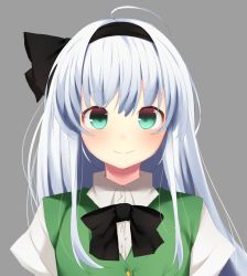 Rule 34 | 1girl, ahoge, alternate hair length, alternate hairstyle, black bow, black bowtie, black hairband, black ribbon, blush, bow, bowtie, commentary request, green eyes, green vest, grey background, hair between eyes, hair ribbon, hairband, highres, konpaku youmu, long hair, looking at viewer, nigo (aozoragarou), puffy short sleeves, puffy sleeves, ribbon, shirt, short sleeves, silver hair, simple background, smile, solo, touhou, upper body, vest, white shirt