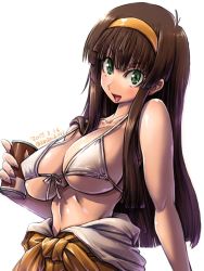 Rule 34 | 1girl, amania orz, bikini, breasts, brown hair, cleavage, dated, front-tie bikini top, front-tie top, green eyes, large breasts, long hair, looking at viewer, mazinger (series), mazinger z, open mouth, shiny skin, solo, swimsuit, tagme, text focus, twitter username, underboob, upper body, white background, yumi sayaka