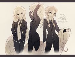 Rule 34 | 3girls, absurdly long hair, adjusting hair, anna (frozen), arm at side, arms up, black jacket, black neckwear, black pants, black vest, blonde hair, braid, breasts, brown hair, closed mouth, company connection, contrapposto, cowboy shot, crossover, elsa (frozen), formal, freckles, frozen (disney), hair ornament, hair over shoulder, hairclip, jacket, letterboxed, long hair, long sleeves, looking at viewer, multiple girls, necktie, open clothes, open jacket, outstretched hand, pant suit, pants, profile, rapunzel (disney), siblings, side-by-side, sideways glance, simple background, sisters, small breasts, smile, smirk, smug, souno kazuki, standing, suit, tangled, twin braids, twintails, very long hair, vest, wavy hair, x hair ornament
