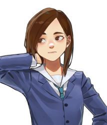 Rule 34 | 1girl, adjusting hair, aqua necktie, arm behind head, blazer, blue jacket, bob cut, brown eyes, brown hair, commentary, eizouken ni wa te wo dasu na!, expressionless, hand on own neck, highres, jacket, joie, lips, looking to the side, mizusaki tsubame, necktie, parted bangs, portrait, sailor collar, school uniform, short hair, simple background, solo, thick eyebrows, upper body, white background