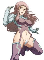 Rule 34 | 00s, 1girl, :o, armor, blunt bangs, blush, bodysuit, boots, breasts, cameltoe, caryo, covered erect nipples, curvy, garter straps, gauntlets, gloves, glowing, grey eyes, groin, impossible clothes, ken marinaris, large breasts, leg up, long hair, maebari, navel, no pants, open mouth, pink hair, purple footwear, purple thighhighs, simple background, skin tight, solo, standing, standing on one leg, tabigarasu, thighhighs, very long hair, wide hips, zone of the enders, zone of the enders 2