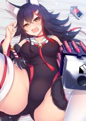 Rule 34 | 1girl, absurdres, animal ears, ass, black hair, blush, breasts, cellphone, competition swimsuit, crayon, d:, detached sleeves, fang, gluteal fold, hair ornament, hairclip, highleg, highres, hololive, long hair, looking at viewer, lying, medium breasts, multicolored hair, on back, one-piece swimsuit, ookami mio, ookami mio (1st costume), open mouth, phone, solo, spread legs, streaked hair, swimsuit, tail, virtual youtuber, white legwear, wolf ears, wolf tail, yellow eyes, yoshiheihe