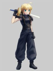 Rule 34 | 1girl, ahoge, armor, artoria pendragon (all), artoria pendragon (fate), black footwear, black gloves, black pants, black sweater, blonde hair, blue eyes, braid, braided bun, cloud strife, cloud strife (cosplay), cosplay, crossdressing, excalibur (fate/stay night), fate/stay night, fate (series), final fantasy, final fantasy vii, full body, gloves, grey background, hair between eyes, hair bun, highres, holding, holding sword, holding weapon, pants, ribbed sweater, saber (fate), shoori (migiha), short hair, shoulder armor, simple background, sleeveless, sleeveless sweater, solo, square enix, suspenders, sweater, sword, tachi-e, v-shaped eyebrows, weapon