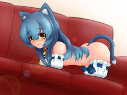 Rule 34 | 1girl, all fours, amputee, animal ears, bell, neck bell, blue hair, blush, brown eyes, cat ears, cat tail, collar, highres, long hair, looking at viewer, mi-ke, mikey sukairain, navel, nude, open mouth, original, quadruple amputee, solo, tail