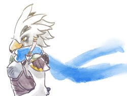 Rule 34 | 1boy, armor, beak, bird boy, blue scarf, body fur, breastplate, closed mouth, from side, furry, furry male, hair tubes, happy, male focus, nintendo, profile, rito, scarf, short hair, shoulder pads, simple background, sketch, smile, solo, standing, teba (zelda), the legend of zelda, the legend of zelda: breath of the wild, ukata, upper body, white background, white fur, white hair, yellow eyes