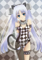 Rule 34 | 10s, 1girl, absurdres, animal ear hairband, animal ears, arm garter, armband, arms behind back, asymmetrical clothes, black pantyhose, blue eyes, blurry, breasts, breasts apart, bridal garter, cat ear hairband, cat ears, cat tail, checkered background, checkered clothes, checkered swimsuit, cleavage, cleavage cutout, clothing cutout, depth of field, elbow gloves, fake animal ears, fishnet pantyhose, fishnets, floral print, frilled armband, frills, gloves, hair tubes, hairband, halterneck, head tilt, highres, jewelry, kittysuit, leotard, long hair, miss monochrome, miss monochrome (character), neck ring, nontraditional playboy bunny, pantyhose, parted bangs, race queen, sarong, sawwei005, see-through, see-through sarong, shadow, silver hair, single leg pantyhose, single pantsleg, single stocking, smile, standing, swimsuit, tail, thigh gap, thigh strap, turtleneck, twintails, very long hair