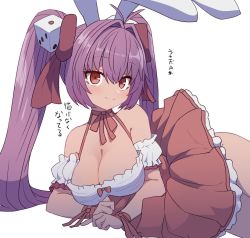 Rule 34 | 1girl, animal ears, blush, bow, breasts, choker, cleavage, di gi charat, dice, dice hair ornament, dress, eyelashes, frilled dress, frills, hair ornament, hair ribbon, large breasts, long hair, lying, on side, pink hair, rabbit ears, red eyes, ribbon, ribbon choker, simple background, smile, solo, sumiyao (amam), translation request, twintails, usada hikaru, white background, wrist ribbon