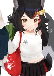 Rule 34 | 1girl, aged down, animal ears, bag, black hair, black skirt, blush, brown eyes, closed mouth, commentary request, cowboy shot, hair ornament, hairclip, highres, hololive, long hair, long sleeves, looking at viewer, midriff peek, multicolored hair, navel, nejime, off shoulder, ookami mio, ookami mio (casual), out of frame, pleated skirt, red hair, shirt, shoulder bag, simple background, skirt, solo focus, spring onion, standing, streaked hair, sweatdrop, tail, tail raised, virtual youtuber, white background, white shirt, wolf ears, wolf girl, wolf tail