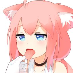 Rule 34 | 13o, 1girl, ahoge, animal ear fluff, animal ears, bad id, bad pixiv id, barbed tongue, bare shoulders, black choker, cat ears, choker, collarbone, commentary, fang, gloves, hair between eyes, hinata channel, long hair, nekomiya hinata, open mouth, out of frame, pink hair, sidelocks, simple background, solo focus, tongue, tongue out, upper body, virtual youtuber, white background, white gloves