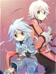 Rule 34 | 00s, 1boy, 1girl, artist request, blue eyes, blush, brother and sister, capelet, coat, flower, genius sage, grey hair, open mouth, pants, raine sage, shoes, short hair, shorts, siblings, tales of (series), tales of symphonia