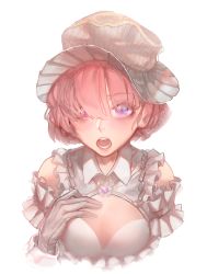 Rule 34 | 1girl, absurdres, breasts, brooch, gloves, grey gloves, hand up, hat, highres, jewelry, looking at viewer, medium breasts, open mouth, original, pink hair, purple eyes, rsef, short hair, simple background, solo, upper body, white background, white hat, wing collar