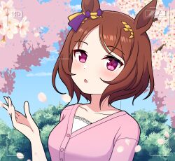 Rule 34 | 1girl, :o, animal ears, blue sky, blush, branch, breasts, brown hair, cherry blossoms, cloud, collarbone, commentary request, day, flower, flower-shaped pupils, hand up, highres, horse ears, jacket, medium breasts, outdoors, parted bangs, parted lips, petals, pink jacket, purple eyes, sakura laurel (umamusume), shirt, sky, solo, symbol-shaped pupils, takiki, umamusume, upper body, viewfinder, white flower, white shirt