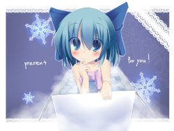 Rule 34 | 1girl, bad id, bad pixiv id, bare shoulders, blue eyes, blue hair, blush, box, cirno, ebiebiebio, female focus, finger to mouth, gradient background, hair ribbon, in box, in container, matching hair/eyes, ribbon, snowflakes, solo, touhou, upper body