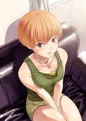 Rule 34 | 1girl, atlus, bad id, bad pixiv id, bare shoulders, between thighs, blush, brown eyes, brown hair, couch, curtains, from above, jewelry, necklace, persona, persona 4, satonaka chie, shimotsuki eight, short hair, shorts, sitting, solo, sweat, tank top, thighs, v arms, window