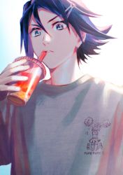 Rule 34 | 1boy, backlighting, blue eyes, blue hair, cup, disposable cup, drinking, drinking straw, drinking straw in mouth, freyja wion, grey shirt, hair ornament, hairclip, hayate immelmann, highres, holding, holding cup, looking down, macross, macross delta, male focus, mosako, print shirt, shirt, solo