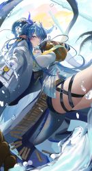 Rule 34 | 1girl, arknights, black gloves, black shorts, blue eyes, blue hair, coat, commentary, dragon girl, dragon horns, dragon tail, from side, gloves, gourd, highres, horns, ling (arknights), long hair, necktie, one eye closed, pointy ears, sankichi (croquette crab), shirt, short shorts, shorts, solo, tail, thigh strap, white coat, white shirt, yellow necktie