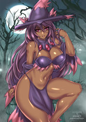 Rule 34 | 1girl, breasts, cleavage, creatures (company), dark-skinned female, dark skin, female focus, full moon, game freak, gen 4 pokemon, giovanni zaccaria, hat, large breasts, long hair, looking at viewer, mismagius, moon, navel, nintendo, outdoors, parted lips, patreon username, pelvic curtain, personification, pokemon, purple hair, red eyes, shiny skin, smile, solo, very long hair, watermark, web address, witch, witch hat