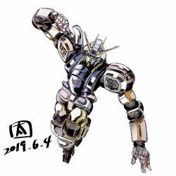 Rule 34 | atlas gundam, clenched hand, dated, green eyes, gundam, gundam thunderbolt, highres, looking ahead, mecha, mobile suit, no humans, ohtagaki yasuo, open hand, robot, science fiction, solo, v-fin, white background