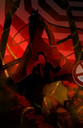 Rule 34 | 2boys, adachi tooru, artist request, atlus, belt, caution tape, dual persona, evil, formal, hand on another&#039;s face, hand on own face, crossed legs, looking at viewer, magatsu izanagi, multiple boys, necktie, open mouth, pants, persona, persona 4, red theme, rock, rubble, shadow (persona), shoes, sign, sitting, smile, spoilers, standing, suit, weapon, yellow eyes