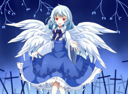 Rule 34 | 1girl, angel, angel wings, blue hair, bow, bowtie, cross, dress, female focus, frills, graveyard, light purple hair, long hair, looking at viewer, multiple wings, nanatuki13, open hand, open mouth, red eyes, sariel (touhou), skirt hold, smile, solo, touhou, touhou (pc-98), branch, wings
