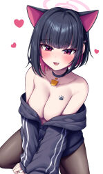 Rule 34 | 1girl, absurdres, animal ears, bare shoulders, black choker, black hair, black jacket, black pantyhose, blue archive, blush, bob cut, breast tattoo, breasts, cat choker, cat ears, choker, cleavage, collarbone, colored inner hair, commentary, dated commentary, extra ears, fang, hair behind ear, hair intakes, hair ornament, hairclip, halo, heart, highres, jacket, jacket partially removed, kazusa (blue archive), kneeling, long sleeves, looking at viewer, medium breasts, medium hair, metaljelly, multicolored hair, no bra, open mouth, pantyhose, paw tattoo, pink eyes, pink hair, pink halo, simple background, sleeves past wrists, smile, solo, tattoo, thighs, track jacket, two-tone hair, v arms, white background