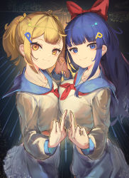 Rule 34 | 2girls, absurdres, asymmetrical docking, black background, blonde hair, blue eyes, blue hair, bow, breast press, chocarate, hair bow, highres, holding hands, looking at viewer, middle finger, multiple girls, p hair ornament, pipimi, poptepipic, popuko, red bow, school uniform, serafuku, smug, yellow eyes