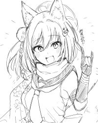 Rule 34 | 1girl, :d, animal ear fluff, animal ears, blue archive, blush, braid, breasts, elbow gloves, fang, floral print, fox ears, fox hair ornament, fox shadow puppet, gloves, greyscale, hair between eyes, halo, hand up, highres, izuna (blue archive), looking at viewer, medium breasts, monochrome, necktie, nyakonro (nekonro), open mouth, partially fingerless gloves, sailor collar, shirt, simple background, sketch, sleeveless, sleeveless shirt, smile, solo, translation request, upper body, white background