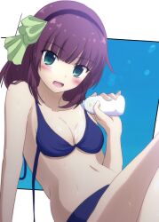 Rule 34 | 1girl, :d, angel beats!, applying sunscreen, arm support, bare shoulders, bikini, black hairband, blue background, blue bikini, blunt bangs, blush, bow, breasts, cleavage, commentary, eyes visible through hair, green bow, green eyes, hair bow, hairband, hand up, highres, leaning back, lelie (lelie link), looking at viewer, lotion, medium breasts, medium hair, nakamura yuri, navel, open mouth, purple hair, shiny skin, simple background, sitting, smile, solo, stomach, sunscreen, swimsuit, two-tone background, undone bikini, white background
