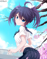 Rule 34 | 1girl, absurdres, ahoge, black ribbon, black rock shooter, black rock shooter (character), black sailor collar, black skirt, blue eyes, blue hair, blue sky, cherry blossoms, closed mouth, cloud, day, flower, from side, gradient hair, hair between eyes, highres, looking at viewer, medium hair, multicolored hair, neck ribbon, outdoors, oywj, pink flower, pleated skirt, purple hair, ribbon, sailor collar, shirt, short sleeves, skirt, sky, smile, solo, white shirt