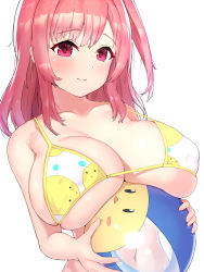 Rule 34 | 1girl, azur lane, ball, bare arms, bare shoulders, beachball, bikini, blush, breast rest, breasts, cleavage, closed mouth, collarbone, commentary request, highres, holding, holding ball, honoka (doa), huge breasts, long hair, looking at viewer, manjuu (azur lane), navel, one side up, pink eyes, pink hair, simple background, smile, solo, strap gap, swimsuit, transparent, two-tone bikini, underboob, upper body, ushimittsu, white background