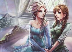Rule 34 | 2girls, anna (frozen), bed, blonde hair, braid, elsa (frozen), eye contact, frozen (disney), holding hands, jio sua, looking at another, multiple girls, on bed, orange hair, sequins, siblings, single braid, sisters, sitting, twin braids, window