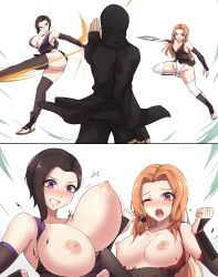 Rule 34 | 1boy, 2girls, 2koma, absurdres, black hair, black kimono, blush, bouncing breasts, breasts, breasts out, brown hair, challengia, cleavage, clenched teeth, comic, fighting stance, flat chest, foechan, hair ornament, highres, itachan, japanese clothes, kicking, kimono, kunai, large breasts, leotard, long hair, mistynight, multiple girls, nchans, nchans style, ninja, nipples, one eye closed, open mouth, panties, purple eyes, revealing clothes, shoes, short hair, simple background, small breasts, surprised, teeth, thighhighs, throwing, torn clothes, underwear, weapon, white background