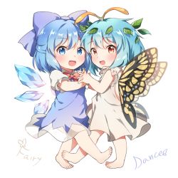 Rule 34 | 2girls, :d, aged down, barefoot, blue bow, blue dress, blue hair, blush, bow, butterfly wings, cirno, dress, eternity larva, full body, hair bow, ice, ice wings, insect wings, kaoling, looking at viewer, multiple girls, open mouth, red eyes, short hair, simple background, smile, touhou, white background, white dress, wings