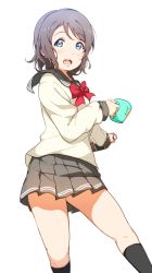 Rule 34 | 10s, 1girl, absurdres, bad id, bad pixiv id, black socks, blue eyes, bow, bowtie, brown hair, commentary request, cup, highres, icehotmilktea, kneehighs, looking at viewer, love live!, love live! sunshine!!, miniskirt, open mouth, pleated skirt, red bow, red bowtie, school uniform, serafuku, short hair, simple background, skirt, socks, solo, watanabe you, white background
