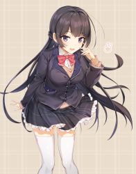 Rule 34 | 1girl, arm at side, black hair, black skirt, blazer, blunt bangs, bow, bowtie, braid, breasts, brown background, collared shirt, feet out of frame, frilled skirt, frills, hair intakes, hair ornament, hairclip, hand up, highres, icomochi, jacket, leaning forward, long sleeves, looking at viewer, medium breasts, nijisanji, panties, plaid, plaid panties, plaid skirt, pocket, purple eyes, red bow, red neckwear, school uniform, shirt, skirt, standing, straight hair, tareme, thighhighs, tsukino mito, underwear, virtual youtuber, white thighhighs, wing collar, zettai ryouiki