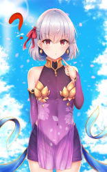 Rule 34 | 1girl, ?, bare shoulders, blue sky, blush, closed mouth, cloud, cloudy sky, collarbone, commentary request, covered collarbone, covered navel, cowboy shot, day, detached sleeves, dress, earrings, endsmall min, fate/grand order, fate (series), hair between eyes, hair ribbon, hand up, highres, jewelry, kama (fate), kama (first ascension) (fate), long sleeves, looking at viewer, navel, outdoors, pointing, pointing at self, purple dress, purple skirt, purple sleeves, red eyes, red ribbon, ribbon, see-through, signature, silver hair, skirt, sky, sleeveless, sleeveless dress, sleeves past wrists, solo, standing, sunlight