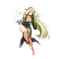 Rule 34 | 1girl, anklet, barefoot, blonde hair, blue eyes, breasts, cleavage, dress, full body, game cg, highres, jewelry, kakiman, large breasts, last origin, long hair, looking at viewer, mole, mole on breast, official art, side slit, solo, tachi-e, transparent background, very long hair, wraithy (last origin)