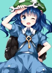 Rule 34 | 1girl, ;d, aqua background, arm up, backpack, bag, blue eyes, blue hair, blue shirt, blue skirt, blush, breasts, cabbie hat, commentary request, cowboy shot, green hat, hair bobbles, hair ornament, hand on own hip, hat, highres, holding, holding wrench, kawashiro nitori, key, long hair, looking at viewer, one eye closed, open mouth, pocket, puffy short sleeves, puffy sleeves, ruu (tksymkw), shirt, short sleeves, simple background, skirt, small breasts, smile, solo, touhou, two side up, wing collar, wrench