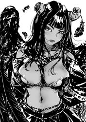 Rule 34 | 1girl, areola slip, blush, breasts, carina (xiaowoo), cleavage, female focus, greyscale, horns, large breasts, long hair, looking at viewer, monochrome, navel, original, solo, wings