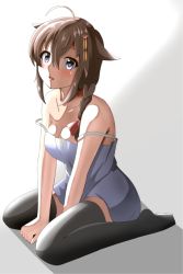 Rule 34 | 1girl, ahoge, alternate costume, bare shoulders, black thighhighs, blue eyes, braid, breasts, brown hair, camisole, cleavage, collarbone, full body, hair between eyes, hair flaps, hair ornament, hair over shoulder, highres, kantai collection, long hair, looking at viewer, medium breasts, no shoes, sakuramai (sakuramai 0525), seiza, shigure (kancolle), shigure kai ni (kancolle), simple background, single braid, sitting, solo, thighhighs, white background, zettai ryouiki