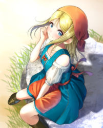 Rule 34 | 1girl, bandana, blonde hair, blue eyes, dragon quest, dragon quest xi, dress, emma (dq11), from above, long hair, looking at viewer, sitting