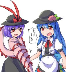 Rule 34 | 2girls, :d, blue hair, blush, blush stickers, bow, d:, d:&lt;, dress, drill, food, food on head, fruit, fruit on head, fun bo, hat, hat bow, hinanawi tenshi, layered dress, multiple girls, nagae iku, naughty face, object on head, open mouth, peach, purple hair, red eyes, ribbon, smile, smirk, sun hat, sweat, touhou, v-shaped eyebrows