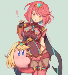 Rule 34 | 1girl, black gloves, blonde hair, bob cut, breasts, chest jewel, copy ability, cosplay, earrings, fingerless gloves, gloves, headpiece, jewelry, kirby, kirby (series), long hair, looking at viewer, mythra (xenoblade), mythra (xenoblade) (cosplay), nintendo, pantyhose, pantyhose under shorts, pyra (xenoblade), red eyes, red hair, red shorts, red thighhighs, short hair, short shorts, shorts, simple background, super smash bros., swept bangs, thighhighs, tiara, wusagi2, xenoblade chronicles (series), xenoblade chronicles 2