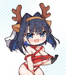 Rule 34 | 1girl, :d, animal ears, arm between legs, black hair, blue eyes, blue hair, blush stickers, bound, bow, bow earrings, breasts, chibi, colored inner hair, commentary, deer ears, earrings, english commentary, fake animal ears, fake antlers, fang, highres, hololive, hololive english, jewelry, kukie-nyan, large breasts, looking at viewer, multicolored hair, naked ribbon, open mouth, ouro kronii, ribbon, ribbon bondage, short hair, skin fang, smile, solo, v-shaped eyebrows, virtual youtuber, wrapped up