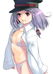 Rule 34 | 1girl, belly, bikini, braid, breasts, covered erect nipples, grey hair, grin, hat, highres, kouno (masao), looking at viewer, navel, open clothes, open shirt, original, red eyes, see-through, shirt, simple background, small breasts, smile, solo, swimsuit, thighs, white background, white bikini