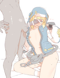 Rule 34 | 2boys, banned artist, bar censor, black gloves, blonde hair, blue eyes, blue jacket, blush, bridget (guilty gear), censored, clothed male nude male, dark-skinned male, dark skin, fingerless gloves, flat chest, gloves, guilty gear, guilty gear strive, head out of frame, interracial, jacket, long sleeves, mo (kireinamo), multiple boys, navel, nipples, nude, nun, open clothes, open jacket, open mouth, penis, penis size difference, short hair, simple background, sitting, small penis, smile, socks, standing, sweat, trap, white background, white sleeves, yaoi, yo-yo