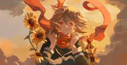 Rule 34 | 1girl, absurdres, brown hair, cloud, floating scarf, flower, hair ornament, hairclip, highres, holding, holding clothes, holding scarf, kagerou project, orange theme, red eyes, red scarf, scarf, school uniform, shading, sky, smile, solo, sunflower, tateyama ayano, ttearecoll, yellow sky